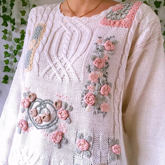 Vintage 80s cottagecore grandmacore cable knit sweater - Picture 3 of 4